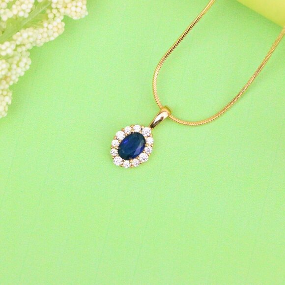 "Royal Blue Oval Pendant with Halo in Gold-Plated Brass Setting, XPPT1815 - Picture 11 of 13